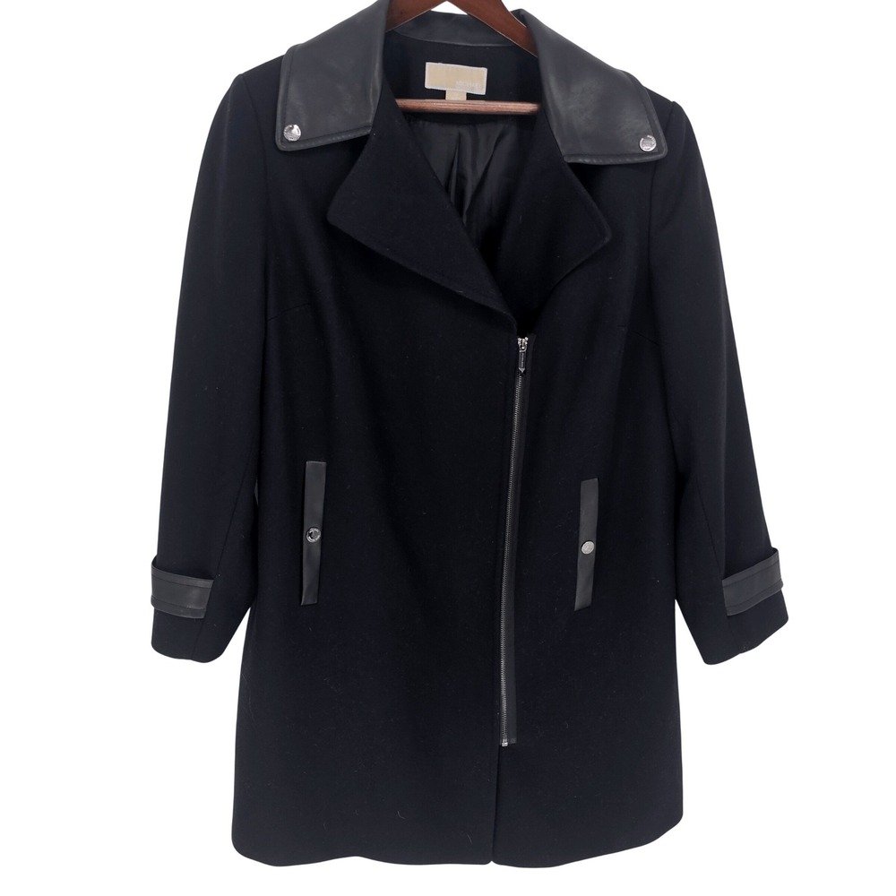Michael Kors Womens Black Wool Blend Asymmetrical Zip Coat Vegan Leather Trim 1X
